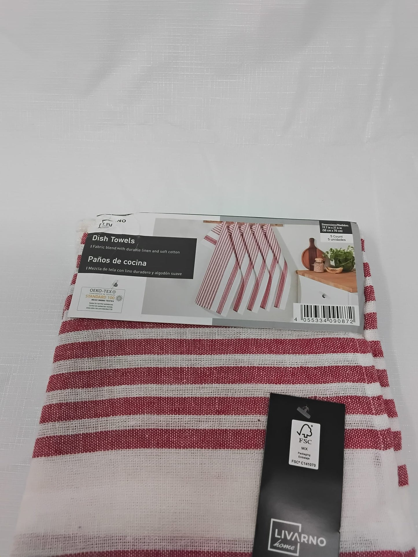 Livarno Dish Towels 5 Pack Red White Stripe Linen Cotton 19.7x27.6