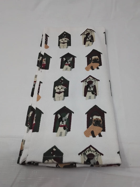 Gently Used Thrift Store – Envogue Holiday Kitchen Towel Dogs in Doghouses Christmas Hats & Scarves Good