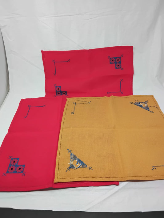 Gently Used Thrift Store – Set of 3 Hand-embroidered Napkins Red & Yellow Blue Corner Stitching – Kitchen & Dining