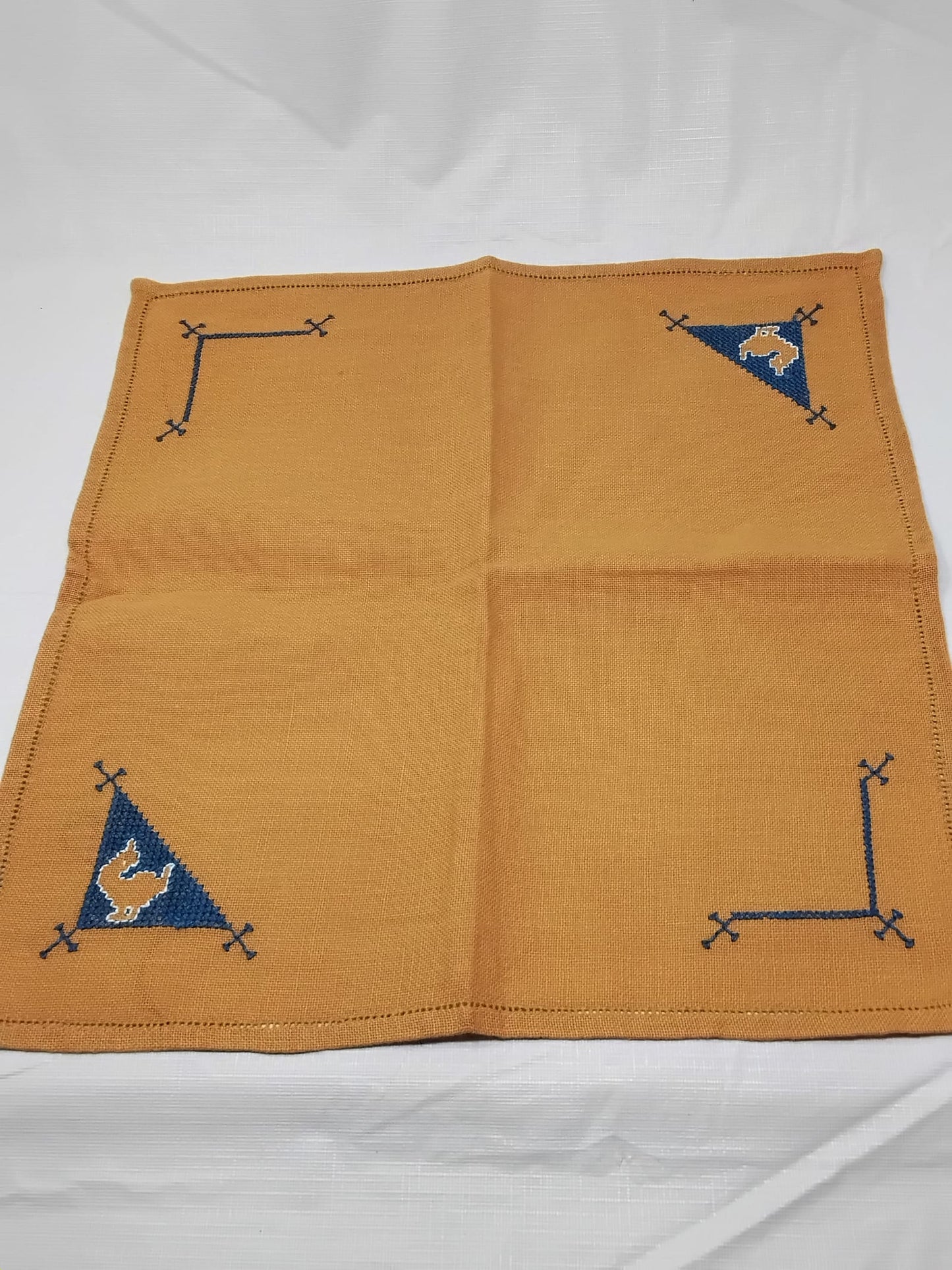 Set of 3 Hand-Embroidered Napkins  Red & Yellow Blue Corner Stitching