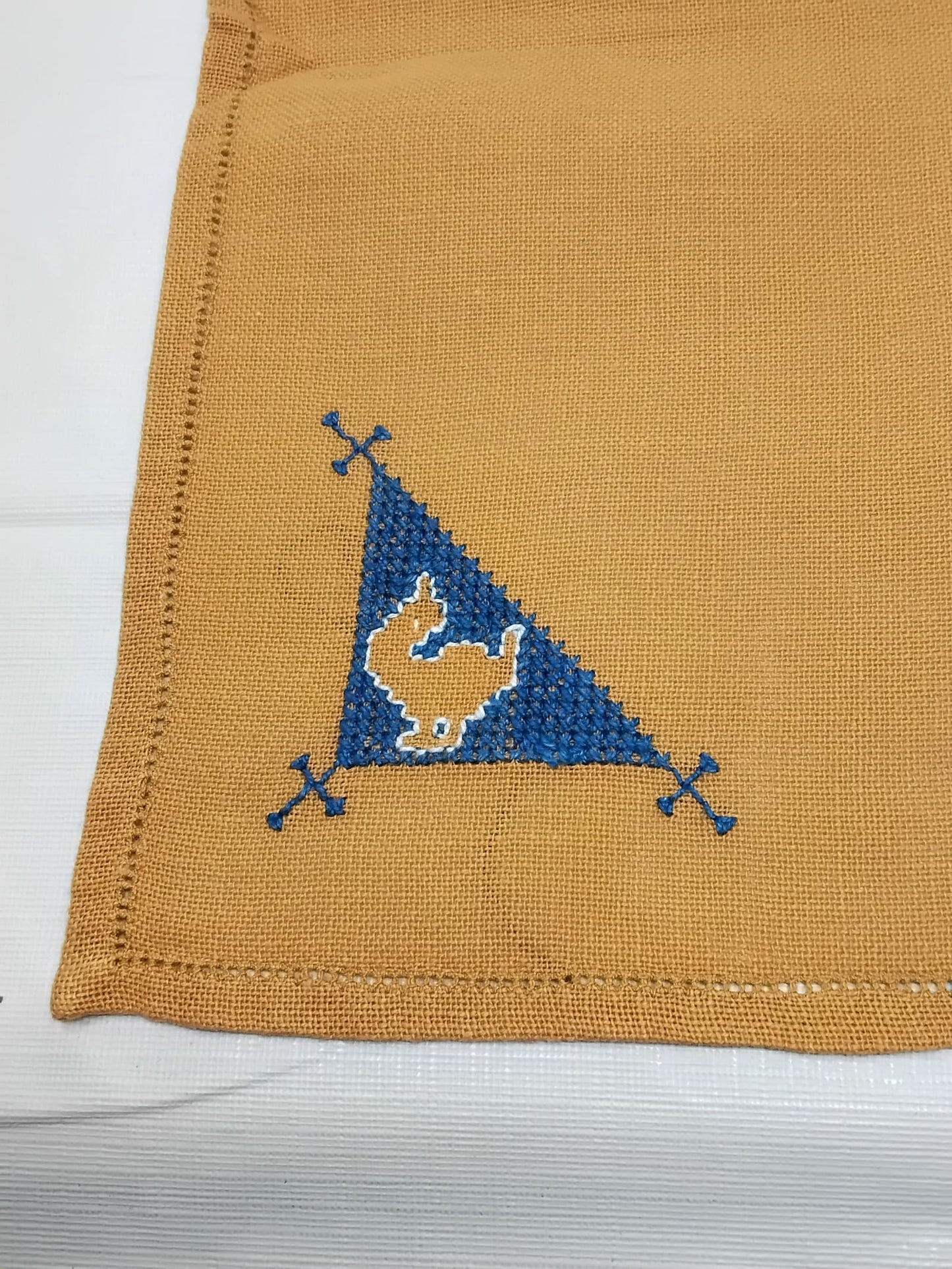 Set of 3 Hand-Embroidered Napkins  Red & Yellow Blue Corner Stitching