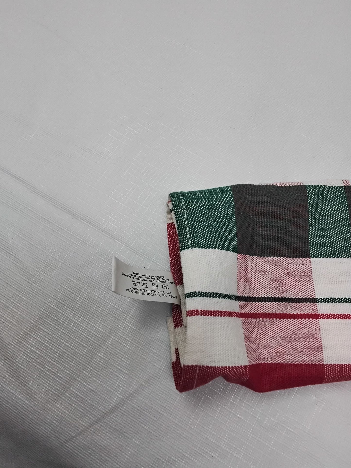 Ritz Kitchen Towel Red White Green Plaid 100% Cotton 29x19