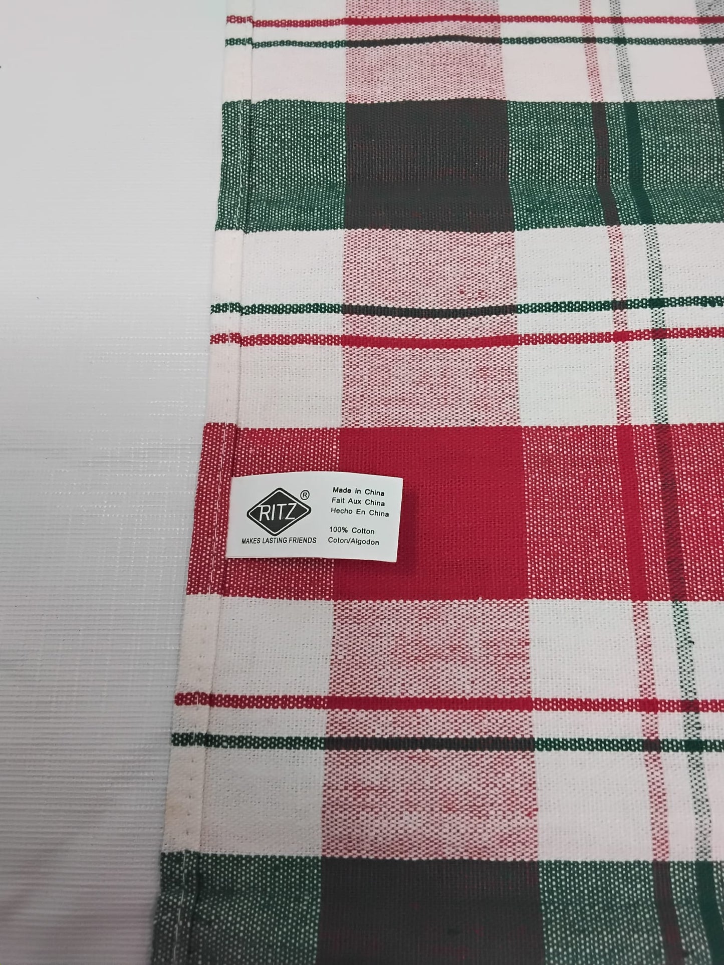 Ritz Kitchen Towel Red White Green Plaid 100% Cotton 29x19