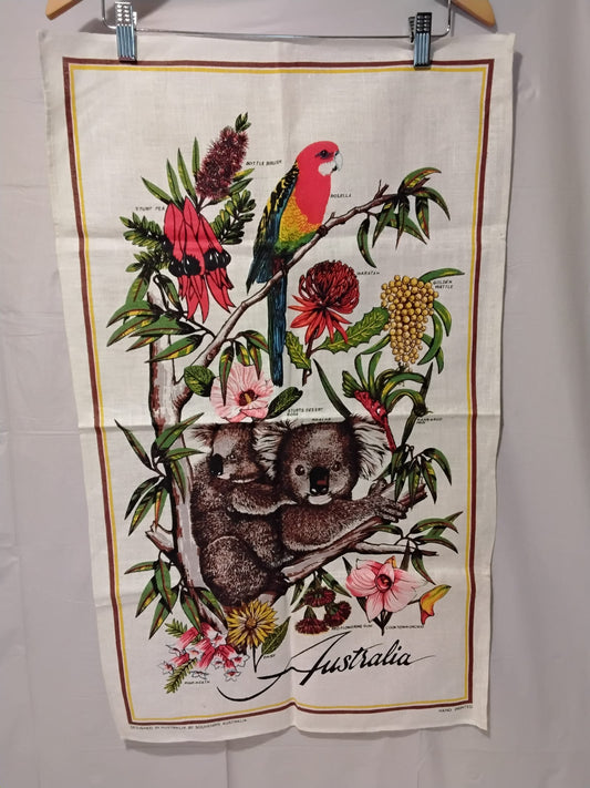 Gently Used Thrift Store – Souvenirs Australia Vintage Linen Tea Towel Koalas Rosella Floral Design 31x18.5