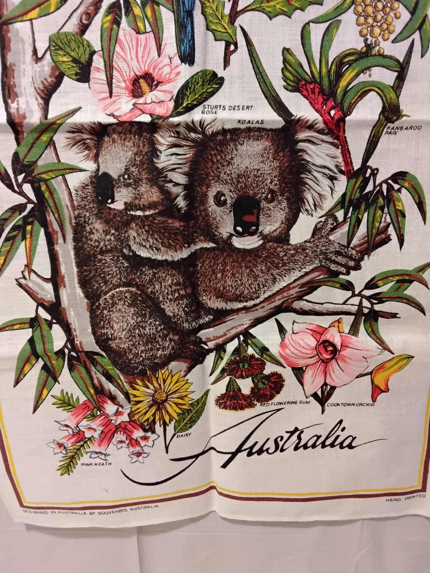 Souvenirs Australia Vintage Linen Tea Towel Koalas Rosella Floral Design 31x18.5