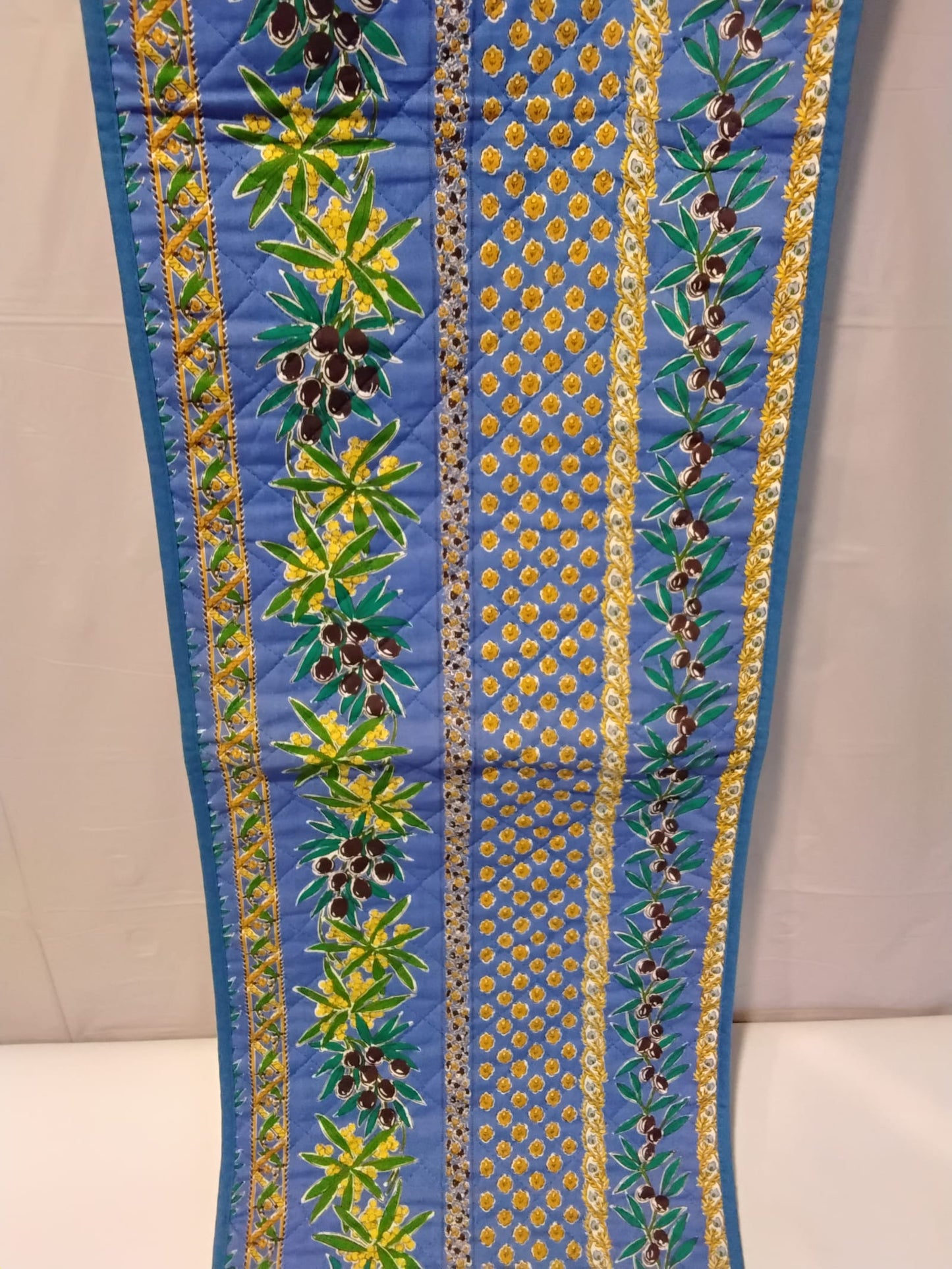 Quilted Table Runner Provençal Blue Olive Branch Floral Reversible 49x13