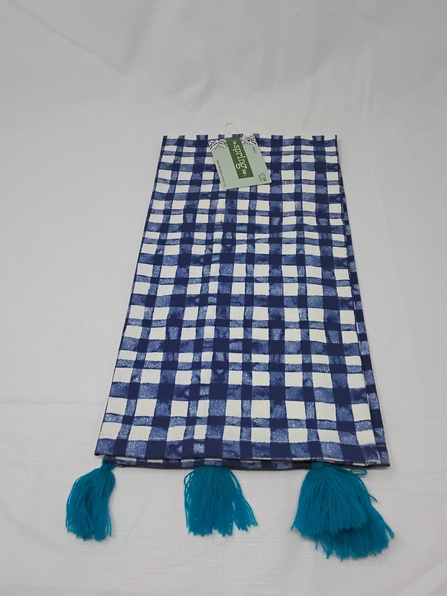 Gently Used Thrift Store – The Spring Shop Julia Kitchen Towel Blue & White Watercolor Gingham with Tassels 18x28 New