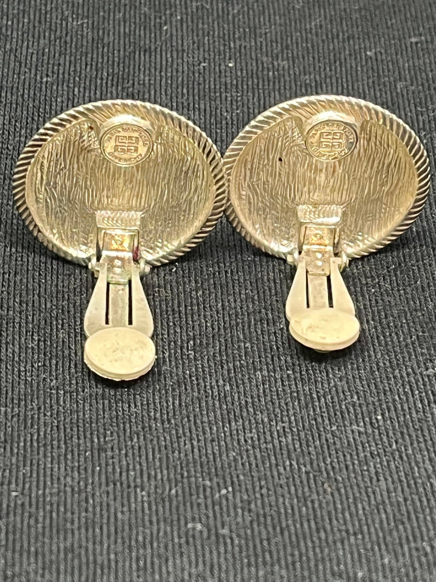 Silver Tone Large Logo Clip On Earrings Rope Border Vintage