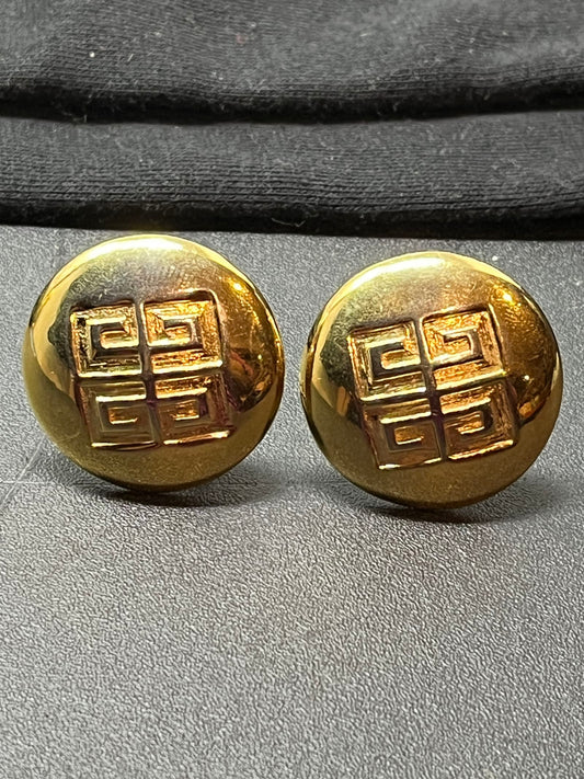 Gold Tone Large Logo Clip On Earrings Domed Vintage