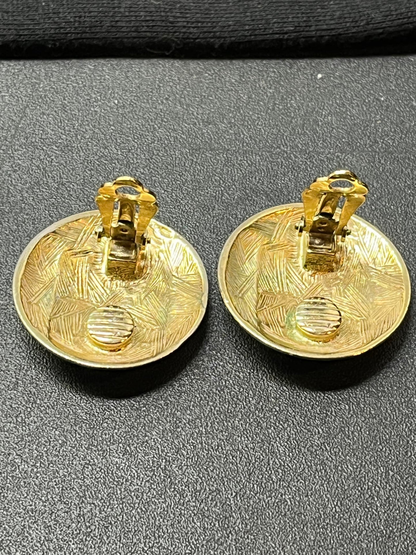 Gold Tone Large Logo Clip On Earrings Domed Vintage