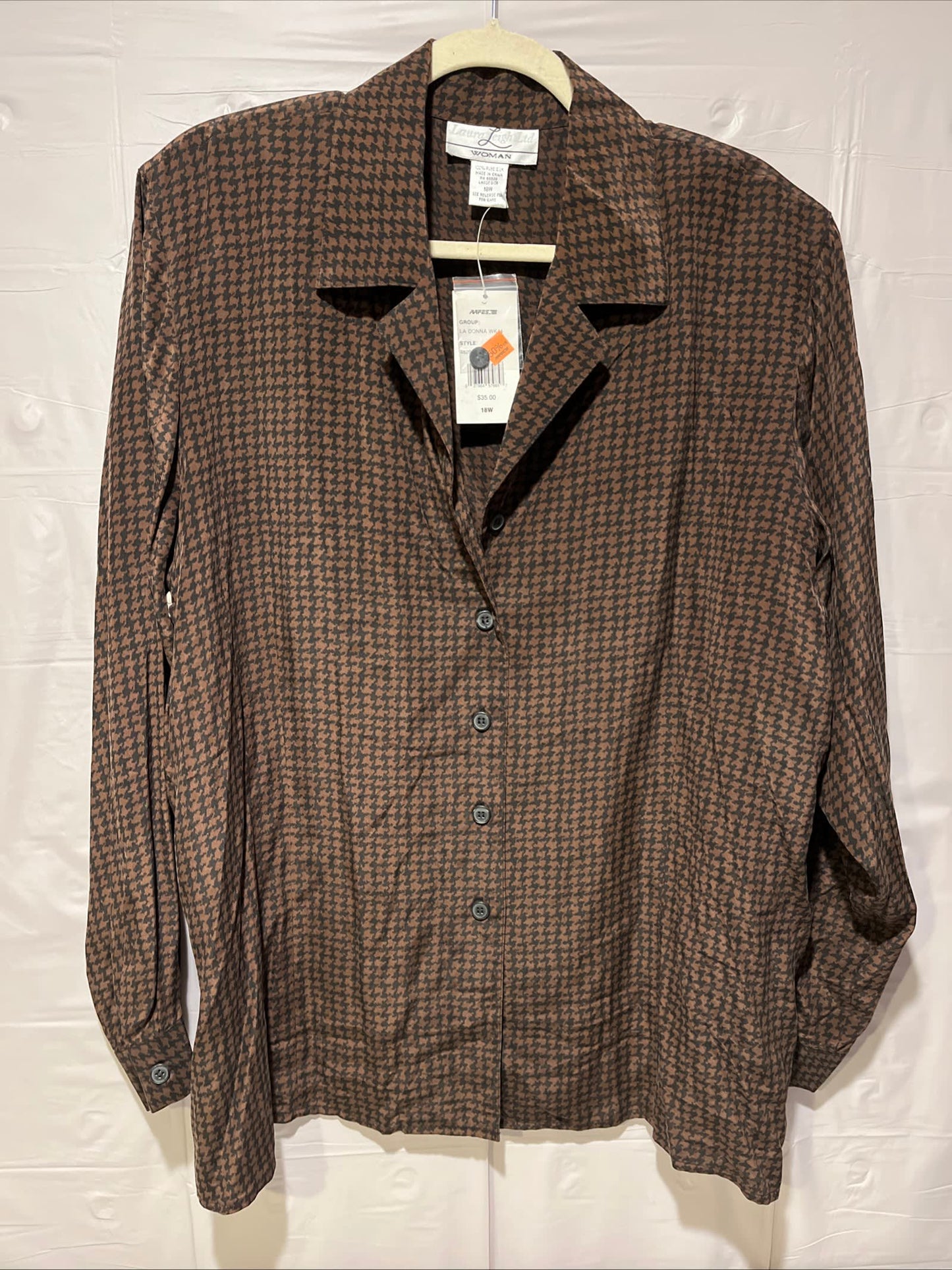Gently Used Thrift Store – Laura Leigh Ltd Womens 18w 100% Silk Houndstooth Button Up Blouse Brown Nwt – Women’s Tops