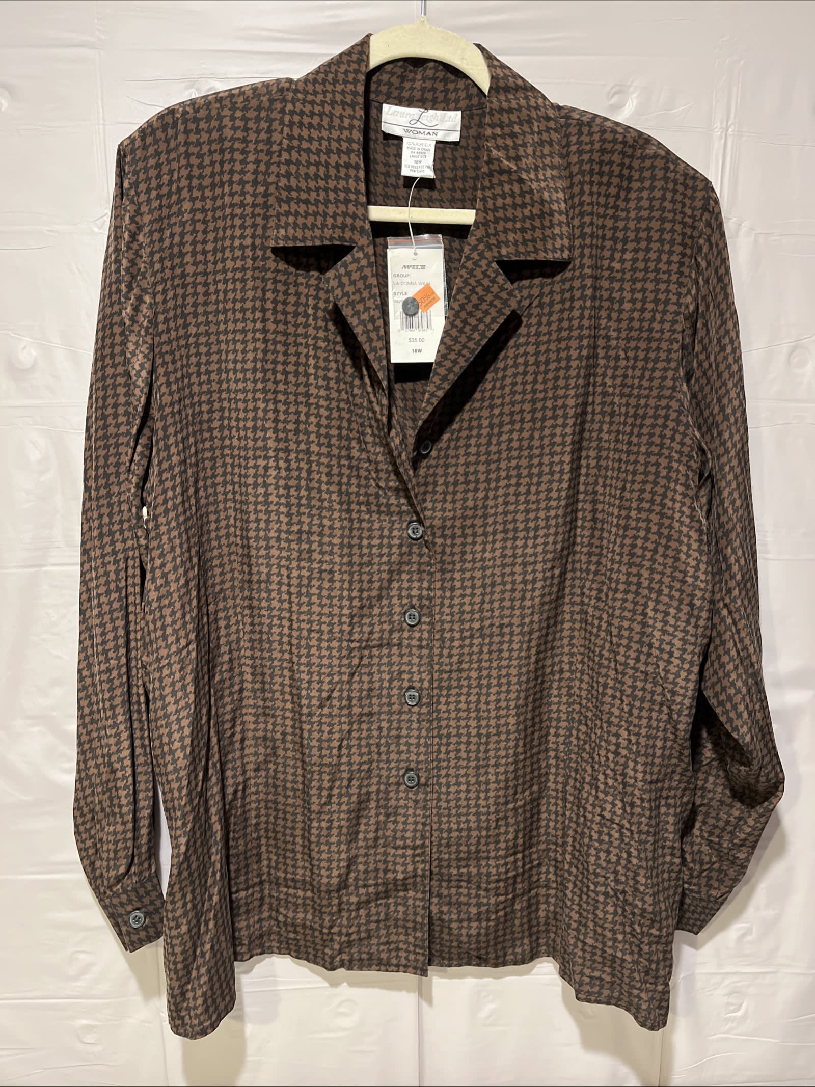 Gently Used Thrift Store – Laura Leigh Ltd Womens 18w 100% Silk Houndstooth Button Up Blouse Brown Nwt – Women’s Tops