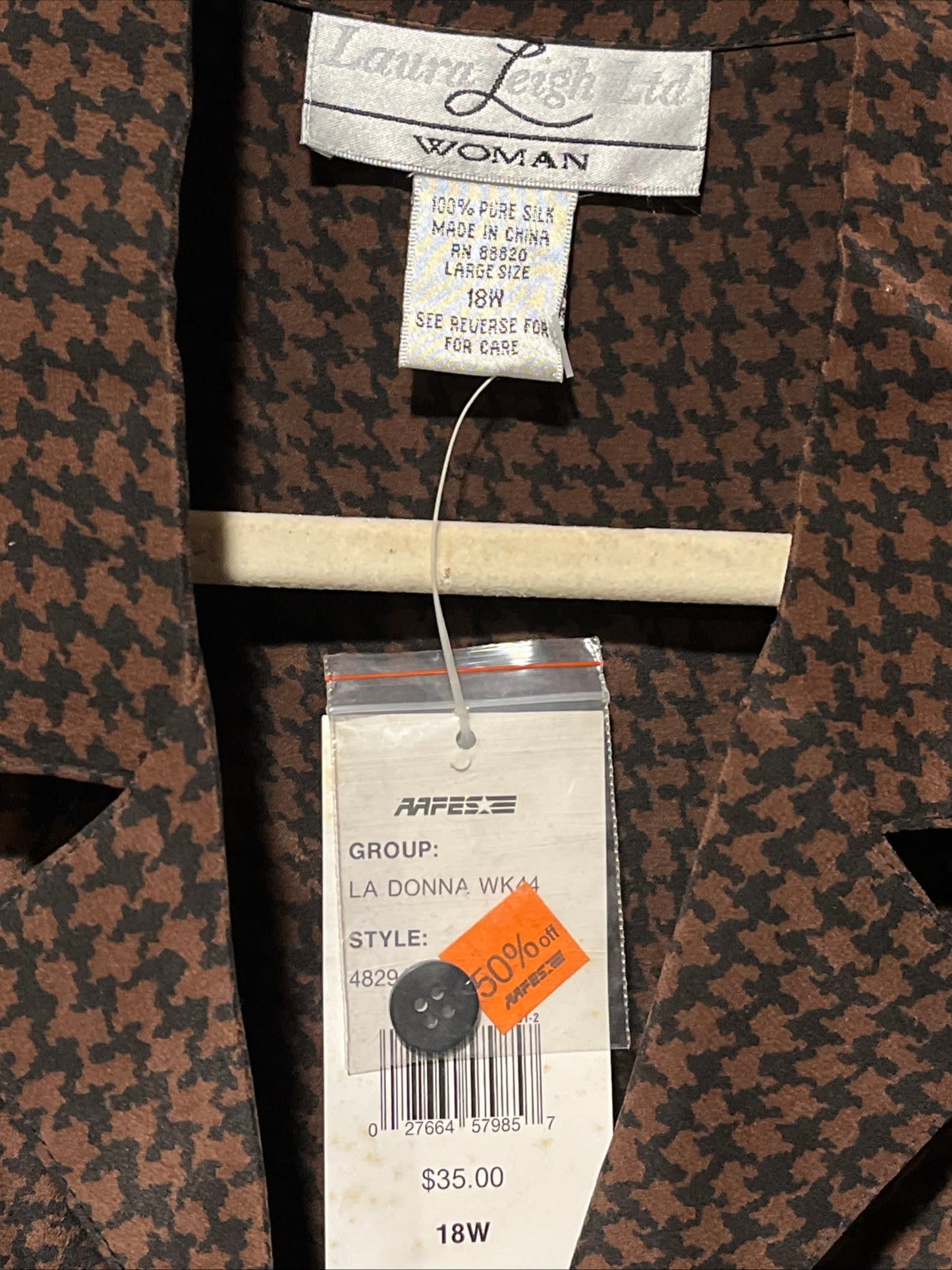 Laura Leigh Ltd Womens 18W 100% Silk Houndstooth Button Up Blouse Brown NWT