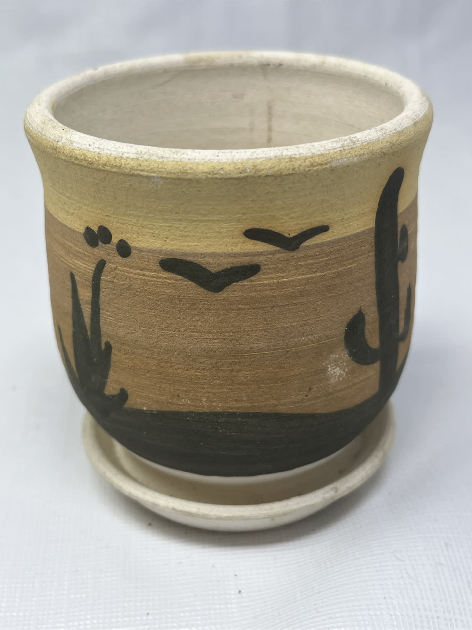 Gently Used Thrift Store – Vintage Southwestern Planter Vase Hand-painted Desert Scene 3.25" Tall – Home Décor – Used