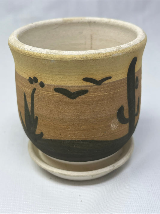 Gently Used Thrift Store – Vintage Southwestern Planter Vase Hand-painted Desert Scene 3.25" Tall – Home Décor – Used